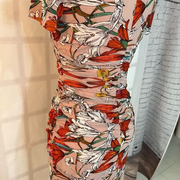 Kay Unger Dusty Pink Floral Short Sleeve Ruched Bodycon Dress Medium - Picture 6 of 11